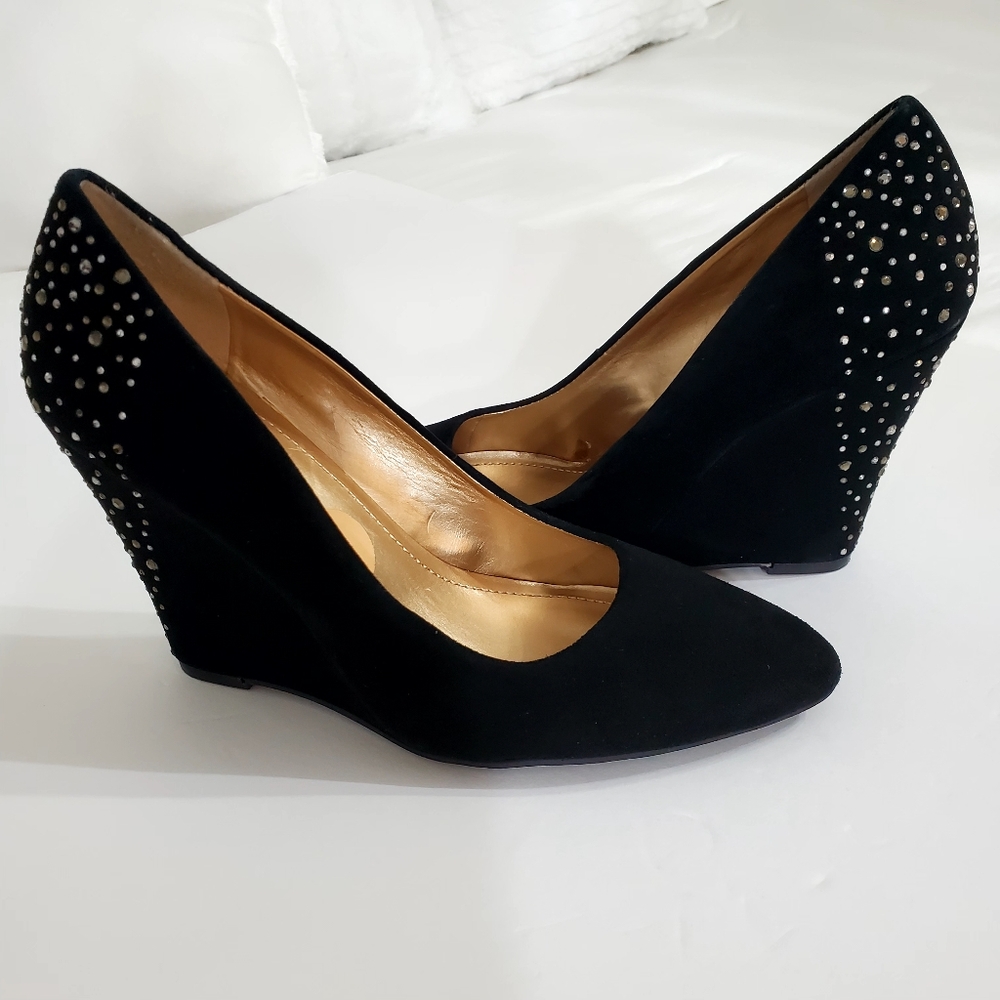 Womans BCBG Generation Elegant Black Wedge Heels with Studded Detail 6.5 Suede